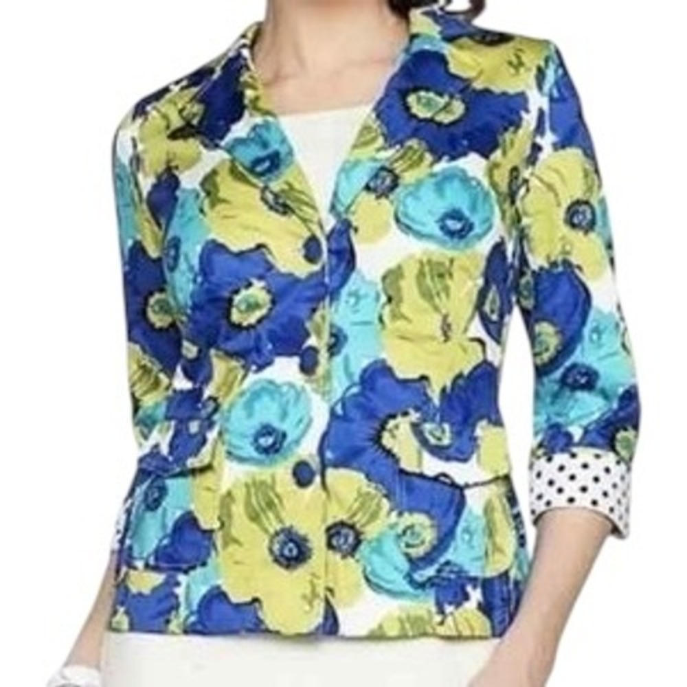 Joan Rivers Size 16 Blazer Floral Jacket Button Front‎ Cotton Blue Green 950